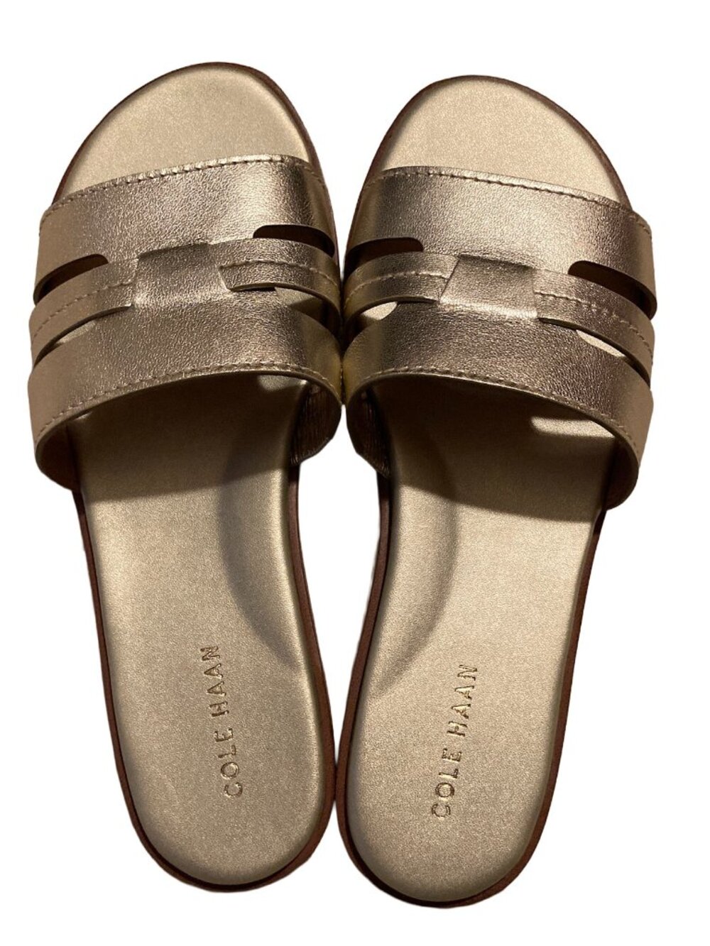 Cole Haan Flynn Slotted Slide Sandals 8 • Soft Gold Leather Slip-On NEW!